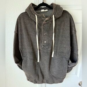 ZENANA Mineral Washed Charcoal Hooded Snap Front Pullover Sweatshirt "NEW"